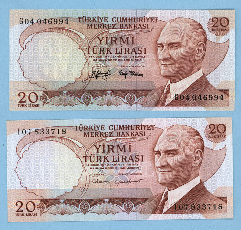 6. EMİSYON 20 Lira 1974 Pick#187 a + 187b UNC - KALIN VE INCE IMZA çil 70 TL