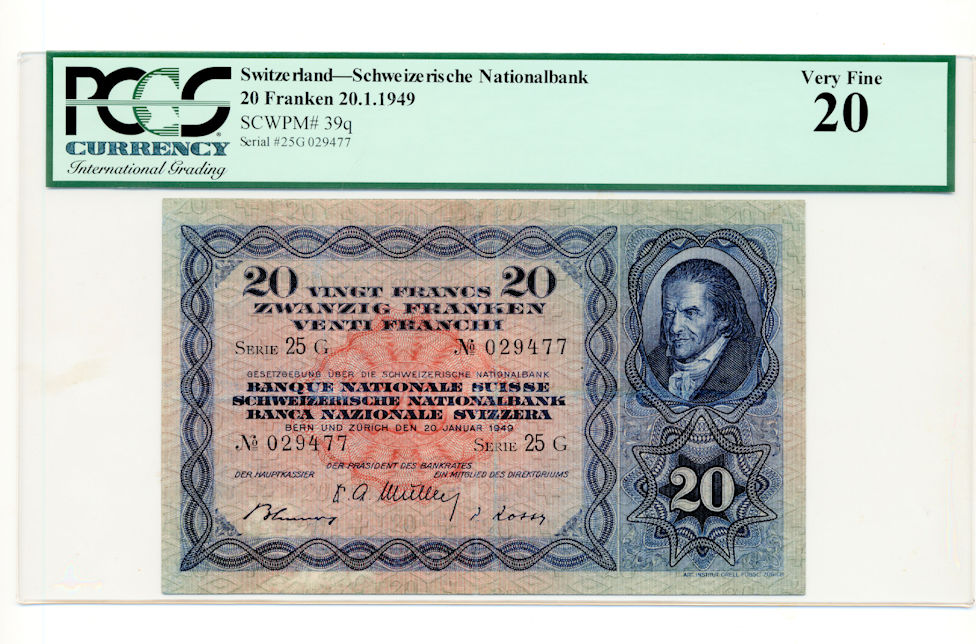 SWITZERLAND 20 Frank 1949 Pick # 39q PCGS 20 VF (çt)