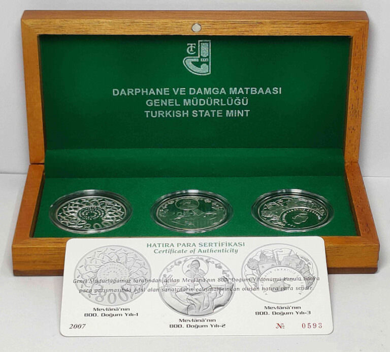 2007 YILI MEVLANA 800. DOĞUM YILI DARPHANE HATIRA GÜMÜŞ PARA SETİ AHŞAP KUTUSUNDA - Görsel 2