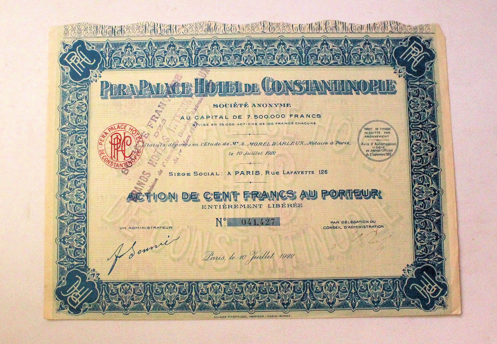 PERA PALACE HOTEL de CONSTANTINOPLE 1922 *hisse senedi