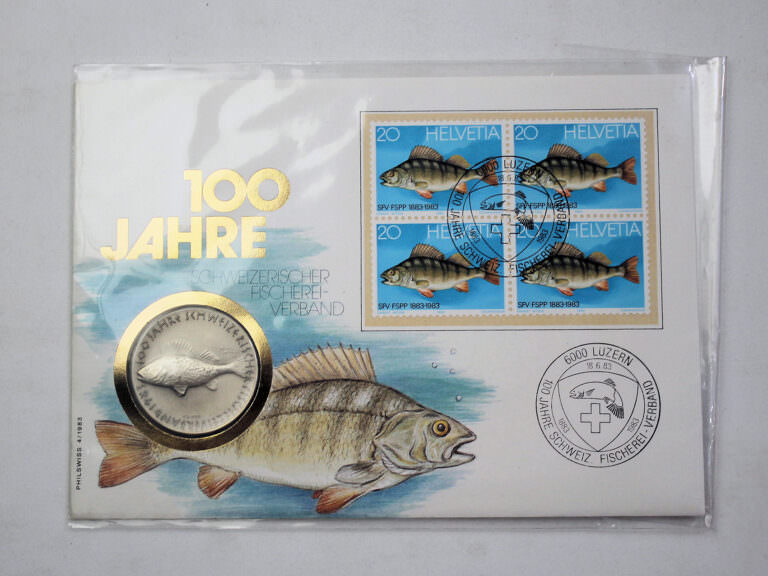 100 Jahre Schweizerischer Fischerei Verband Isviçre 0.900 Gümüs Balik Motifli Numisbrief