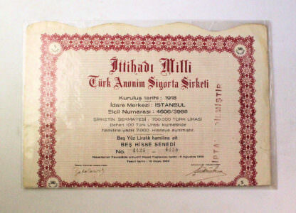 ITTIHADI MILLI TÜRK ANONIM SIGORTA SIRKETI 2 adet hisse senedi 1958-59