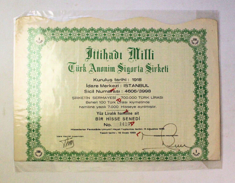 ITTIHADI MILLI TÜRK ANONIM SIGORTA SIRKETI 2 adet hisse senedi 1958-59 - Görsel 3