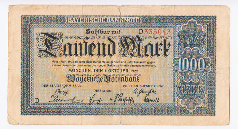 ALMANYA Deutschland 1000 Mark Bayern 1922 VF çt Banknot