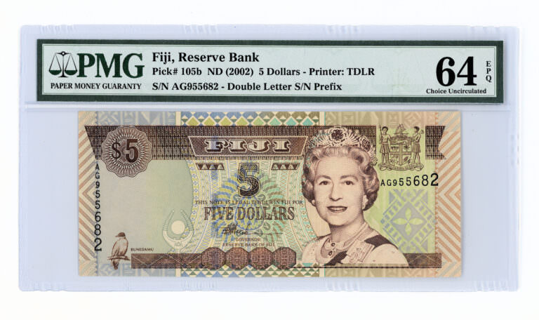 FIJI 5 Dollars 2002 PMG 64 EPQ Sertifikalı banknot Kraliçe