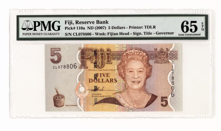 FIJI 5 Dollars 2007 PMG 65 EPQ Sertifikalı banknot Kraliçe