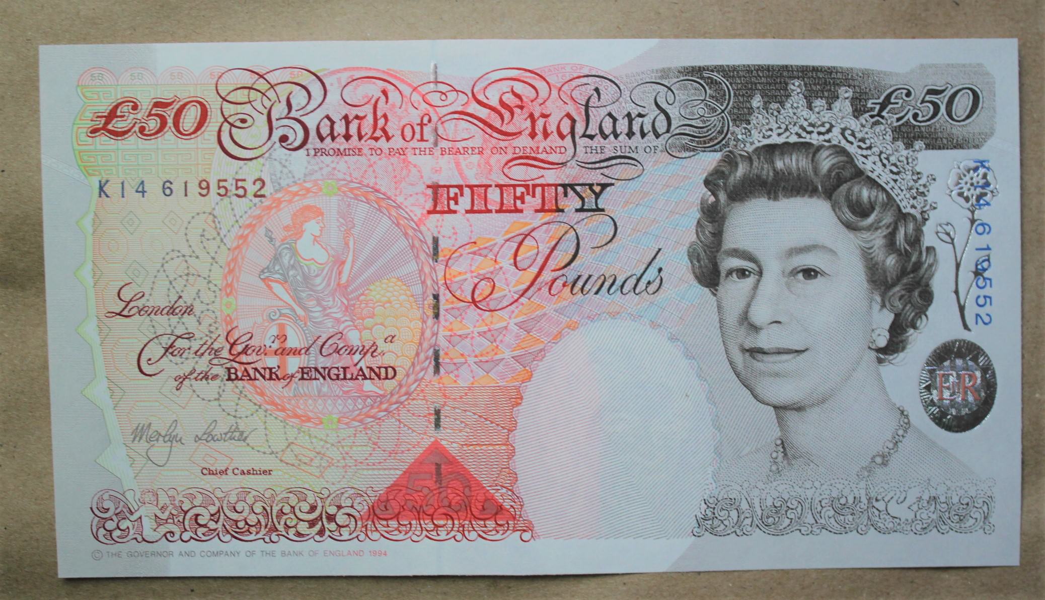 GREAT BRITAIN Ingiltere 50 Pounds 1994 Kraliçe çil banknot