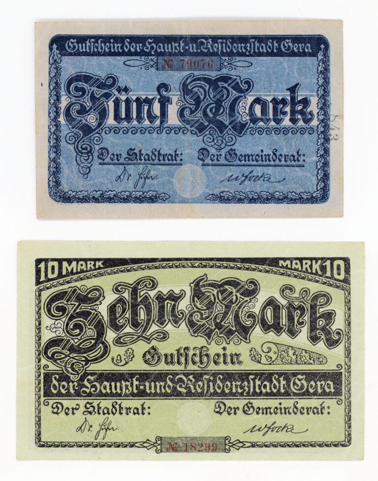 ALMANYA Deutschland 2 adet Notgeld Stadt Gera 5+ 10 Mark çt banknot