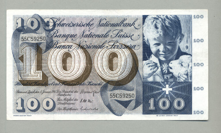 SWITZERLAND İsviçre 100 Francs 1967 - VF *4'e katlanmış, kagıt diri