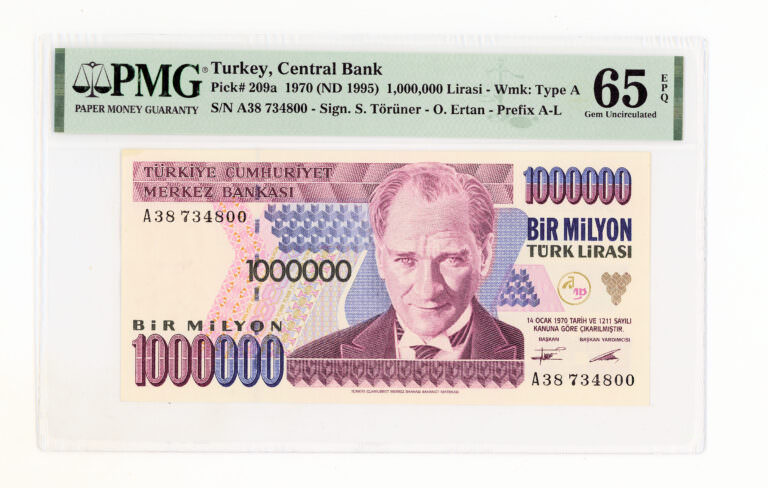 7. Emisyon 1 000 000 Lira ND 1995  Pick#209a PMG 65 EPQ - UNC