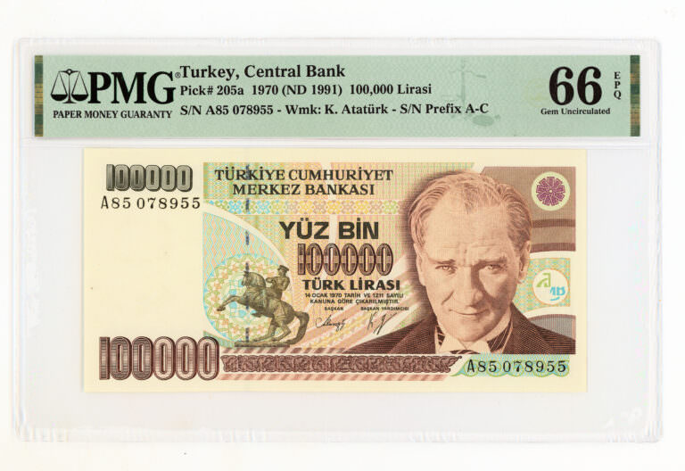 7. Emisyon  100 000 Lira ND 1991  Pick#205a PMG 66 EPQ - UNC *SATILDI - OUT OF STOCK