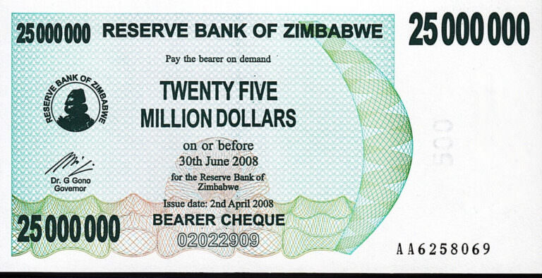 Zimbabwe 25 Million Dollars 2007 2008, UNC, P-56, Bearer Chq Banknot