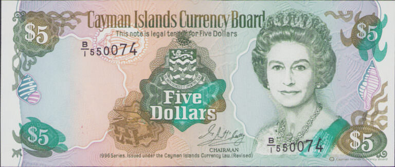 CAYMAN ISLAND 5 Dollars 1996 *Kraliçe çil banknot