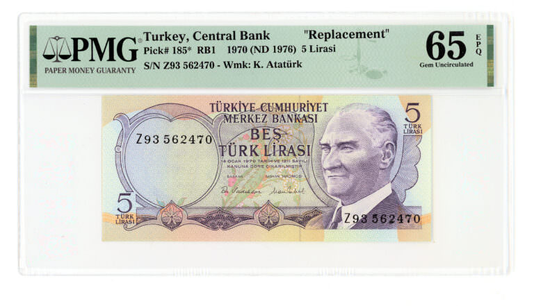 6. EMİSYON  - 5 Lira  ND 1976 Pick#185 RBI Turkey Replacement PMG 65 EPQ - UNC *SATILDI -STOKTA YOK