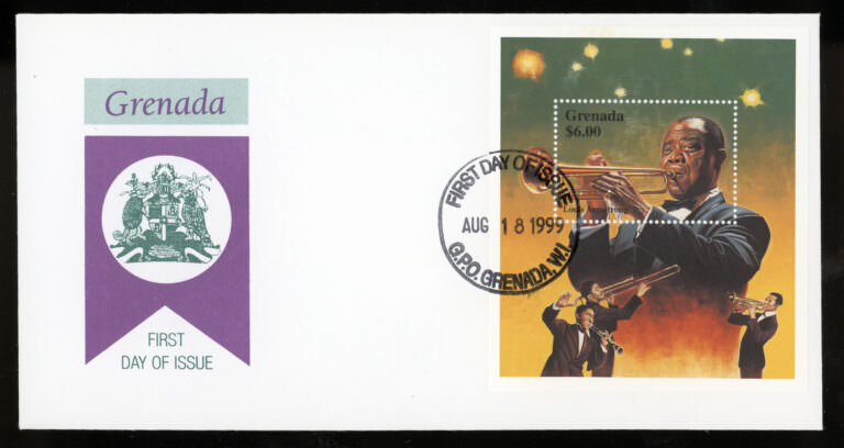 JAZZ temalı adetılkgğnyarfları FDCs Luis Armstrong Miles Davis Charlie Parker GRENADA - Görsel 3