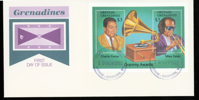 JAZZ temalı adetılkgğnyarfları FDCs Luis Armstrong Miles Davis Charlie Parker GRENADA - Görsel 2