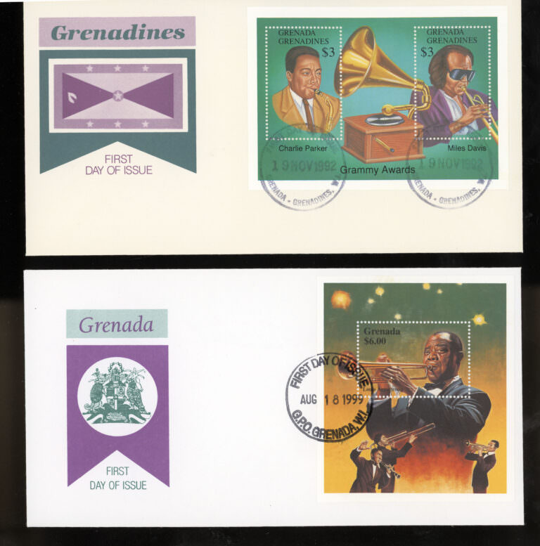 JAZZ temalı adetılkgğnyarfları FDCs Luis Armstrong Miles Davis Charlie Parker GRENADA