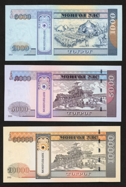 MONGOLIA 1000 (2013) + 5000 (2003) + 10000 (2002) Turik - Pick#67d + 68b + 69a - UNC