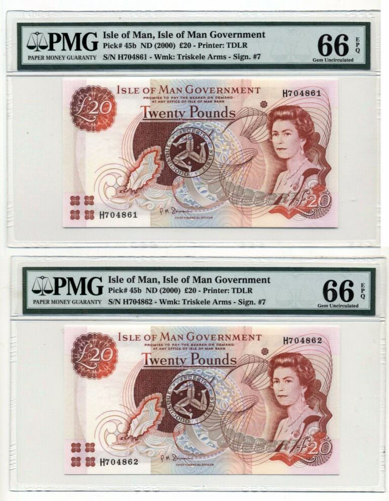 MAN ADASI Isle of man 2x 20 Pounds ND (2000) Pick # 45b PMG 66 PPQ – UNC *iki adet takipli numaralar