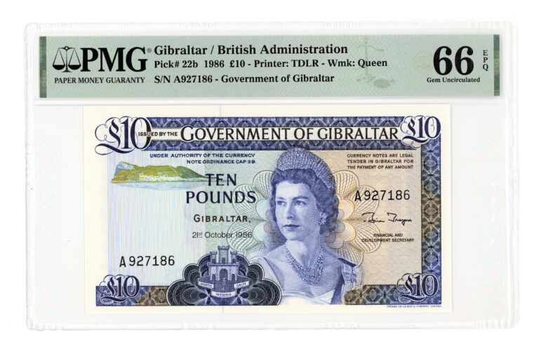 GIBRALTAR Cebelitarik 10 Pounds 1986 PMG 66 EPQ sertifikali çil banknot
