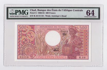 CHAD 500 Escudos 1980-84 Pick#6 PMG 64 – UNC çil banknot sertifikalı