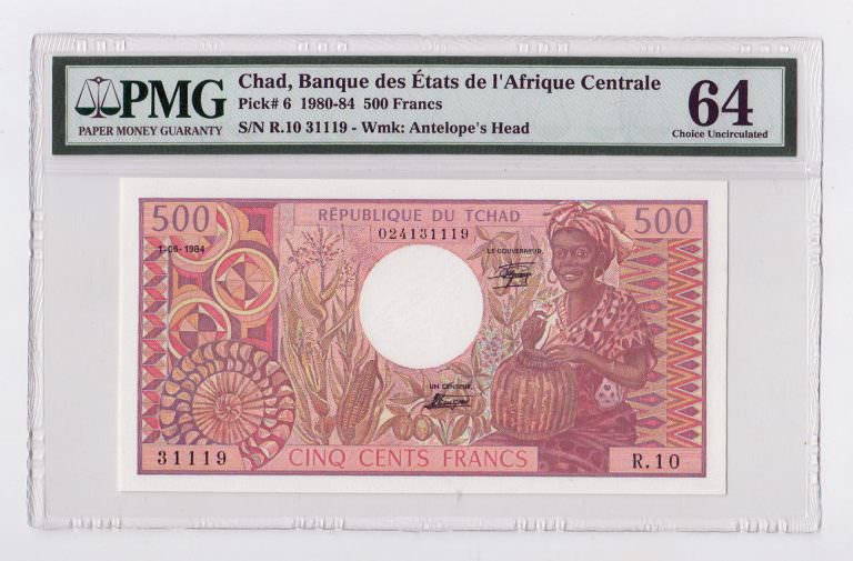CHAD 500 Escudos 1980-84 Pick#6 PMG 64 – UNC çil banknot sertifikalı