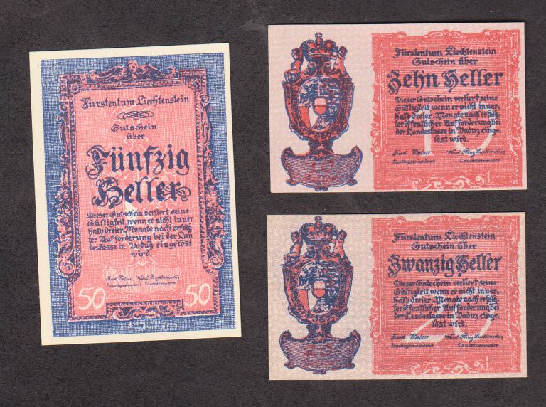 LIECHENSTEIN Komplett Set 3 Banknoten - UNC