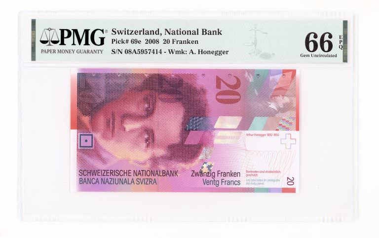 Switzerland 20 Frank 2008 Pick#69e PMG 66 EPQ - UNC *çil banknot Isviçre