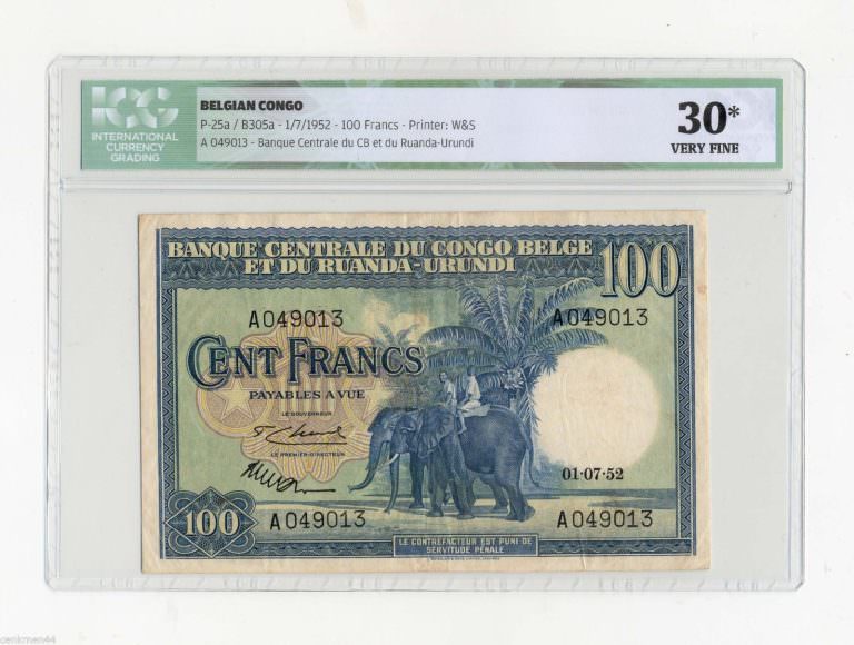 Belçika Kongosu BELGIAN CONGO 100 Francs 1952 Pick#25a ICG 30 VF *STAIN ON BACK