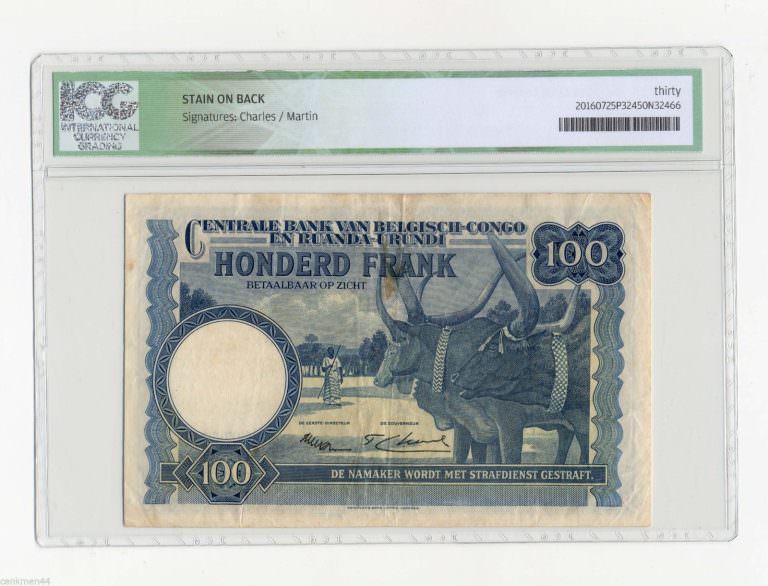 Belçika Kongosu BELGIAN CONGO 100 Francs 1952 Pick#25a ICG 30 VF *STAIN ON BACK - Görsel 2