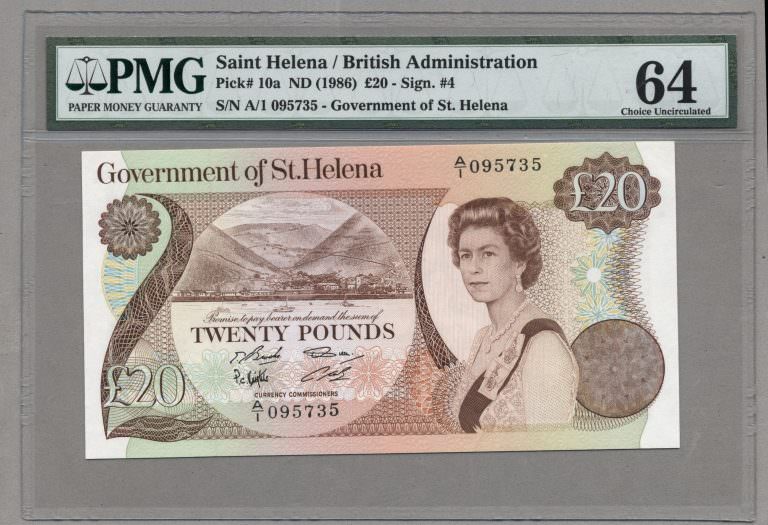 St. Helena 20 Pounds ND (1986) Pick#10a PMG 64 UNC Kraliçe Queen Banknot *çil