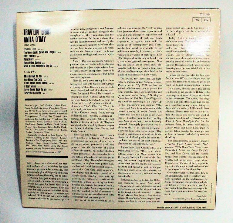 ANITA O`DAY Trav`lin Light JAZZ LP 33lük dönem baskısı *Printed in FRANCE 7/7 - Görsel 2