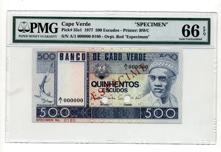 CABO VERDE 500 Escudos 1977 Pick#55s1 PMG 66 EPQ – UNC *SPECIMEN – UNC çil banknot sertifikal