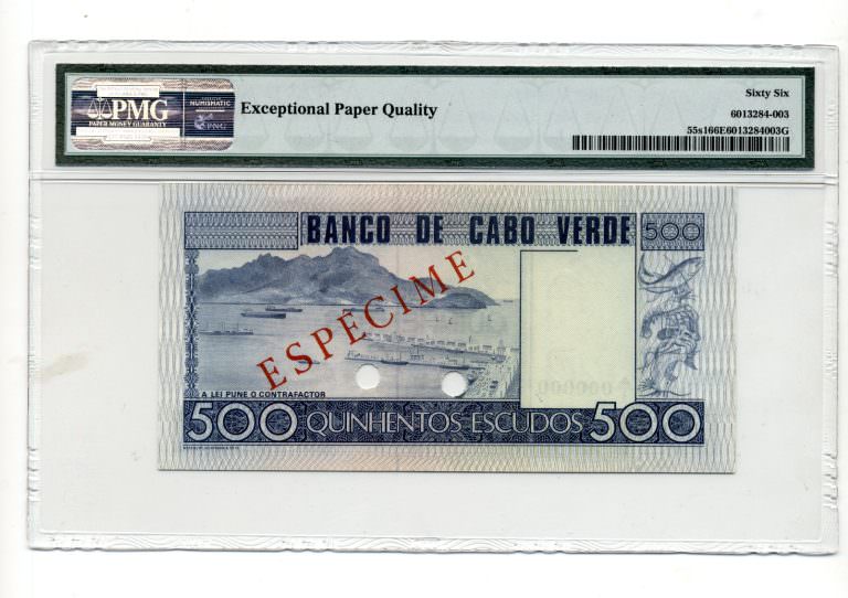 CABO VERDE 500 Escudos 1977 Pick#55s1 PMG 66 EPQ – UNC *SPECIMEN – UNC çil banknot sertifikal - Görsel 2