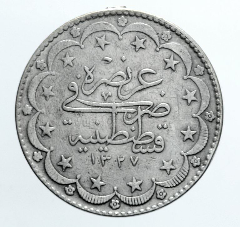 Osmanli Sultan Mehmet Reşat 20 Kuruş 1327/9  Gümüş (kulptan çıkma)