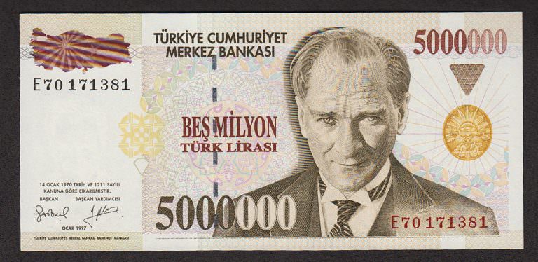 7. Emisyon 5 000 000 Lira E70 serisi çil banknot