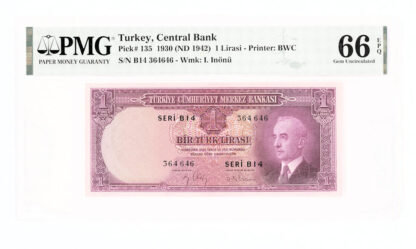 2. Emisyon 1 Lira 1942-47 Pick#135 Seral B – PMG 66 EPQ – UNC *çil sertifikali