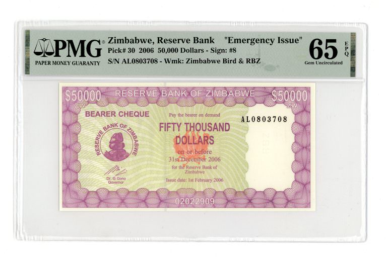 ZIMBABWE 50000 Dollars 2006 Pick#30 PMG 65 EPQ - UNC banknot *SATILDI - OUF OF STOCK