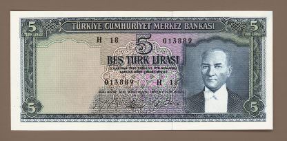 5. Emisyon 5 Lira 1965-68  -  4. Tertip Pick # 174a UNC – çil banknot