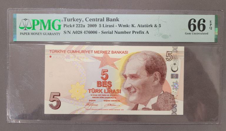 9. Emisyon 5 Lira 2009 Pick # 222a *A028 serisi- PMG sertifikalı 66 EPQ sertifikali çil banknot *SATILDI - OUT OF STOCK