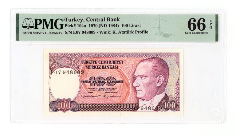 7. Emisyon 100 Lira 2. Tertip Pick # 194a *E07Beyaz kağıt PMG sertifikalı 66 EPQ çil *SATILDI - OUT OF STOCK