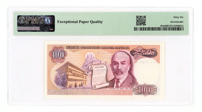7. Emisyon 100 Lira 2. Tertip Pick # 194a *E07Beyaz kağıt PMG sertifikalı 66 EPQ çil *SATILDI - OUT OF STOCK - Görsel 2