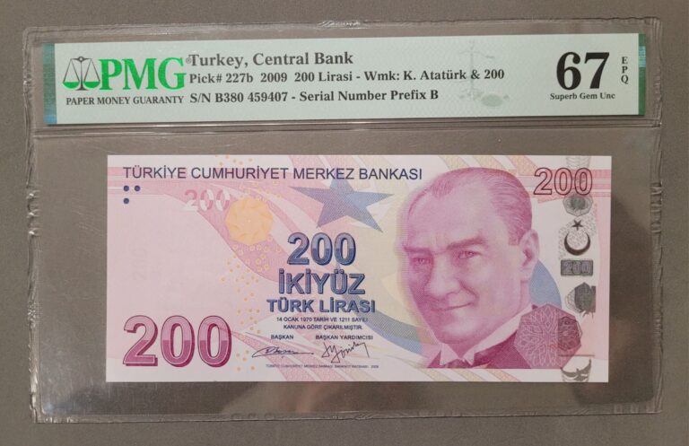 9. Emisyon 200 Lira 2009 Pick # 227b *B380 serisi- PMG sertifikalı 67 EPQ sertifikali çil banknot
