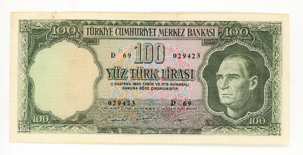 5.Emisyon 100 Lira 6. Tertip 1964-76 Pick # 177a (VF) çt banknot