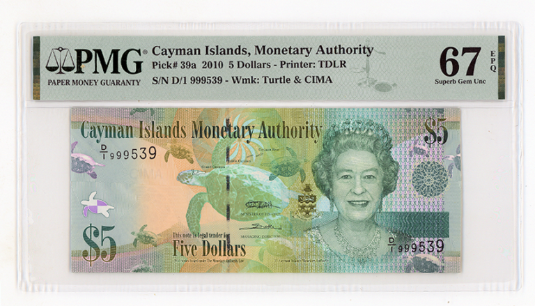CAYMAN ISLAND 5 Dollars 2010 Pick#39a PMG 67 EPQ - UNC *çil banknot