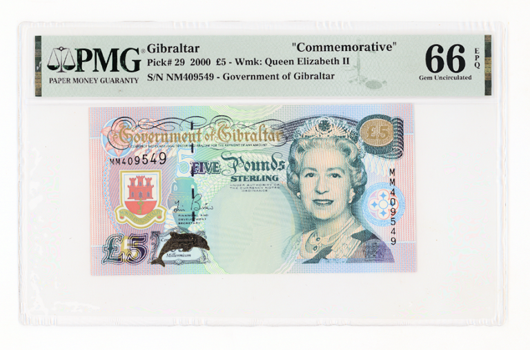 GIBRALTAR Cebelitarik 5 Pounds 2000 Pick#29 PMG 66 EPQ - UNC sertifikali çil banknot