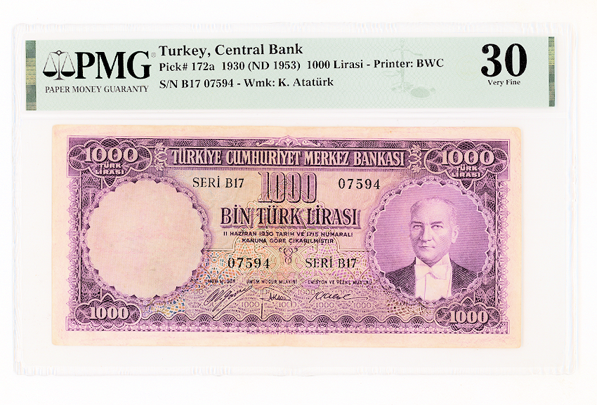 5. Emisyon 1000 Türk Lirası 1953 ND(1989) Pick#172a PMG 30 VF *çt banknot
