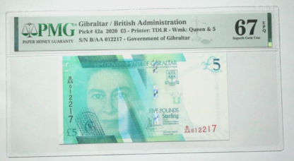 GIBRALTAR Cebelitarik 5 Pounds 2020 Pick#42 PMG 67 EPQ - UNC sertifikali çil banknot