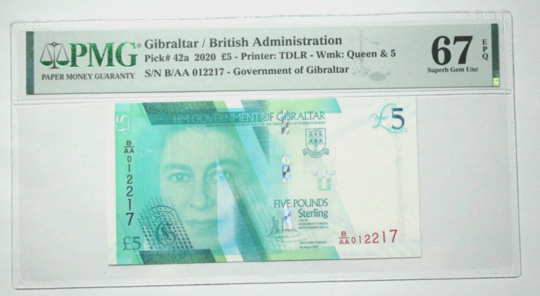 GIBRALTAR Cebelitarik 5 Pounds 2020 Pick#42 PMG 67 EPQ - UNC sertifikali çil banknot