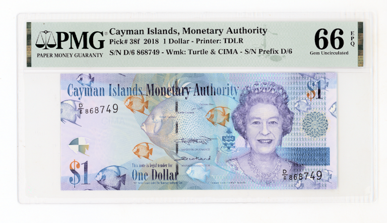 CAYMAN ISLAND 1 Dollar 2018 Pick#38f PMG 66 EPQ - UNC *çil banknot